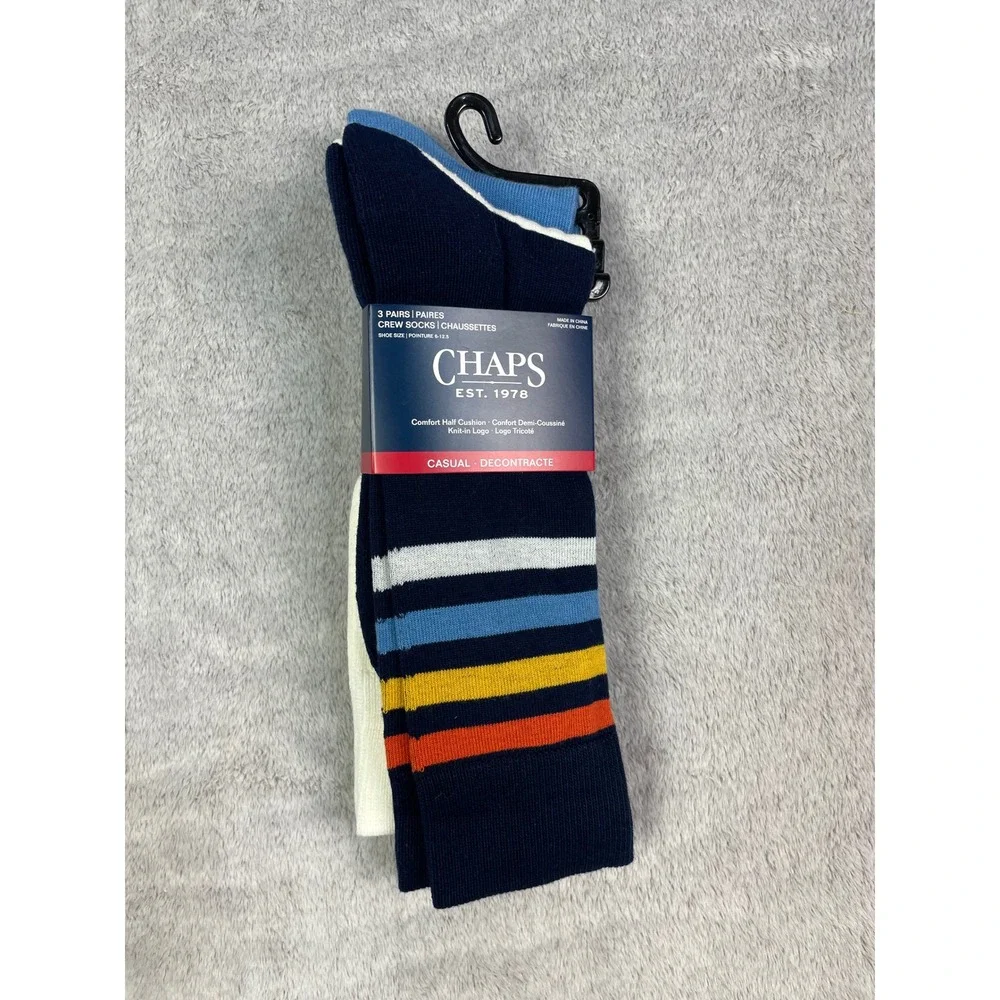⁠NEW Mens 3 Pack Casual Crew Socks Navy Blue Stripe White Half Cushion 6-12.5⁠